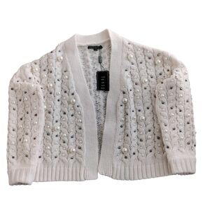 Funsport Elegant White Pearl-Embellished Cardigan